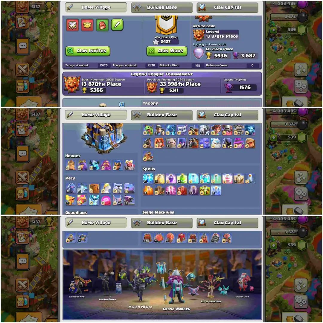 [Very Best Deal] Th18 Near Max | 7 Epic Max 5x 26 Lvl | Xp-262 | Heroes: 101-105-90-77-55 | Nc Yes | Max Pets | Max Type Wall | Full Access