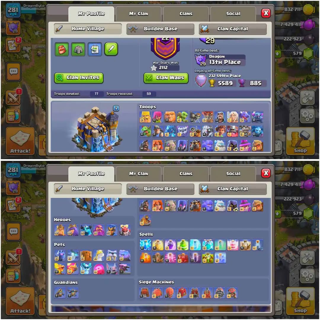 [Clash Dragon Scenery] Th18 Almost Max | Xp-281 | 4 Epic Max | B.B 100% Max | 5 Heroes Max | Nc 1k | Wall Max | Dragon Statue | Full Access
