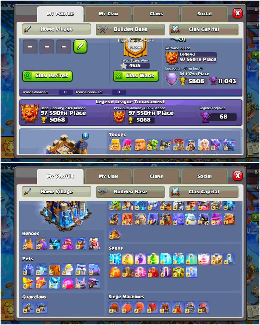 [Profile 100% Max] Th18 Fully Max | Best Deal | 4500 Ws | 5 Heroes Max | 6 Epic Max | B.B 100% Max | Xp-261 | 100% Max Wall | Full Access | BH Max