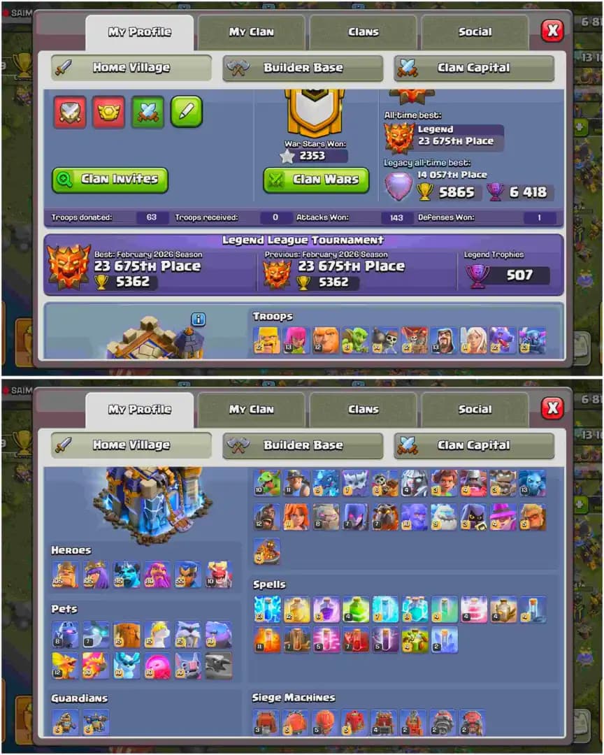 [Legend Leaugue] Th18 Almost Max | 8 Epic Almost Max | BH 10 Max | 5 Heroes Max | Max Wall | Max Dfc | 2353 Ws | Full Access | Xp-261 | Dragon Statue