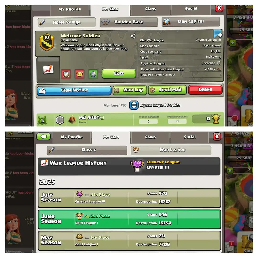 BEST OFFER✦CLAN LEVEL 10✦CLAN NAME ✦WELCOME SOLDIER✦VERY GD ACTIVE CLAN✦CRYSTAL lll LEAGUE✦CP LEVEL 5✦92 WIN✦VERY GD ENGLISH NAME CLAN✦