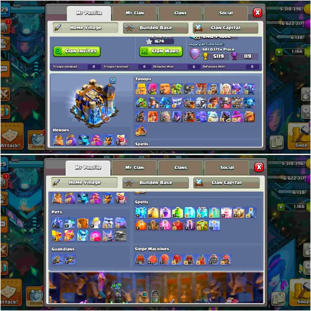 【Equipment Max】➜Th18 Near Max➤Heros[102-105-65-80-55]➤Max Pets ➤Paid Scenery | Nc Yes | 800 Medals | Full Access