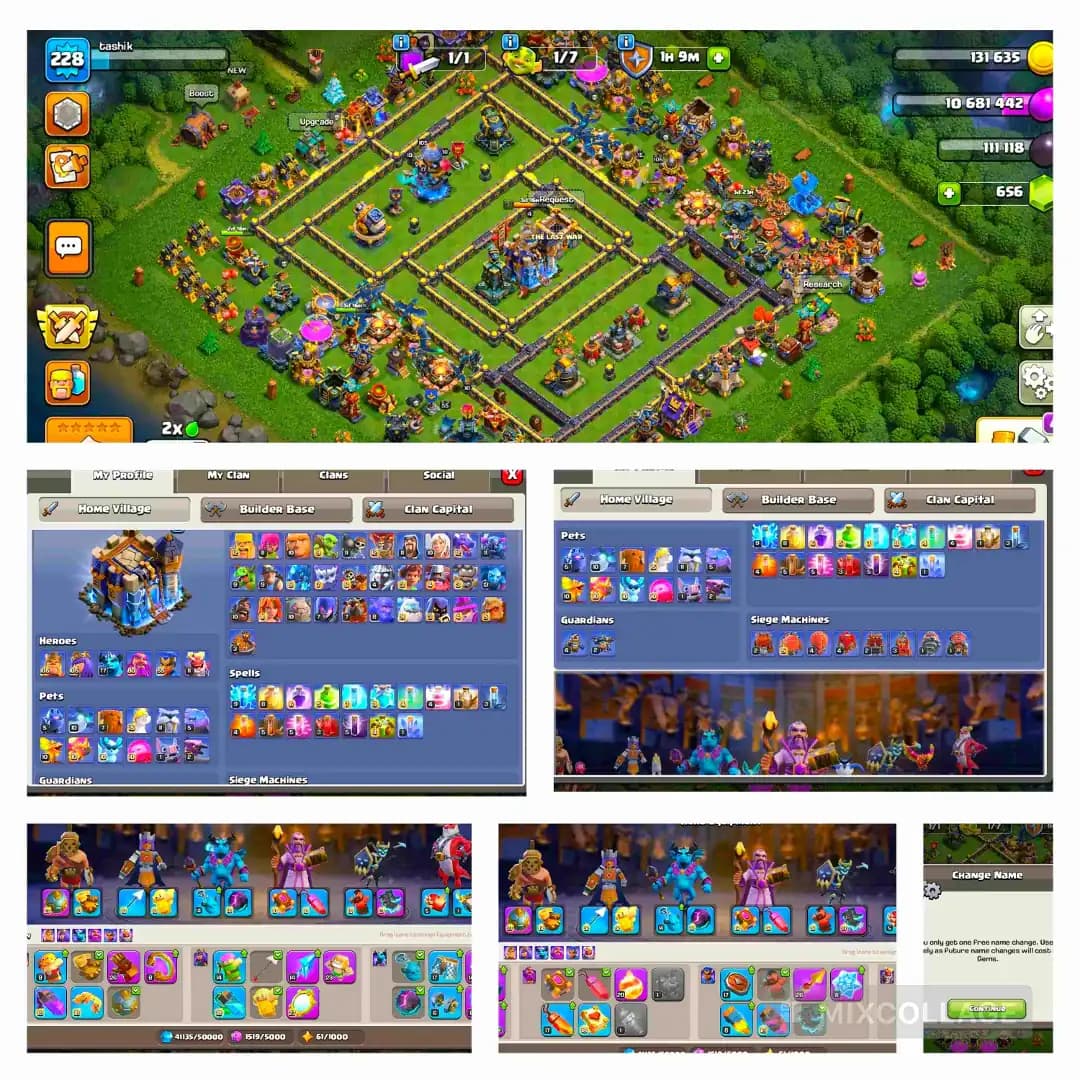[Helper Hut Max] Th18 5 Heros Max | 8 Epic Almost Max | 5.3k Gems | Nc Yes | Old Obstacles | Xp-228 | Max Wall | Full access