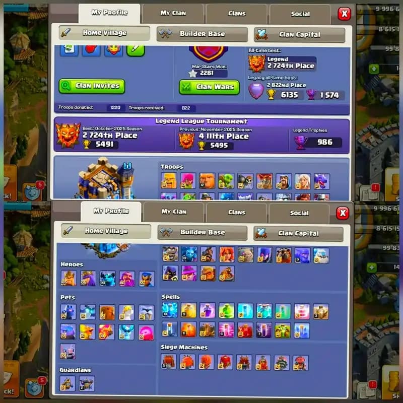 [20 Heroes Skin 5 Scenery]➤➤Th18 4 Hero Max Account ➤➤Heroes:105-105-90-80-55➤➤12 Epic Equipment➤➤Exp 248 |