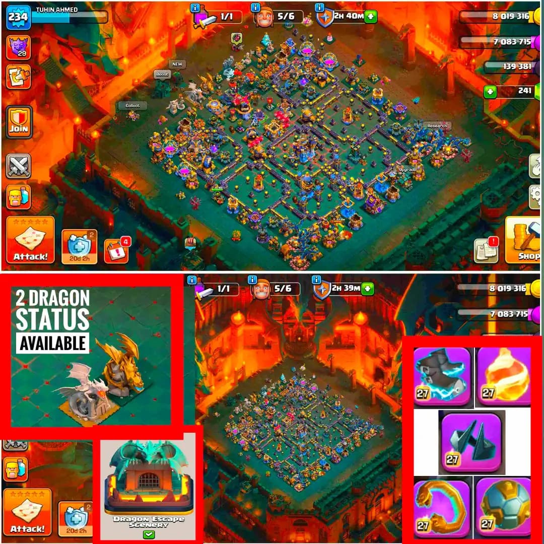 [WROLD TOP DEAL] TH18 ALMOST MAX | 5 EPIC MAX | 5 HEROES MAX | MAX WALL & DFC | 2X DRAGON STATUS |  RARE SCENERY | NC 500 | 11X SKIN | FULL ACCESS