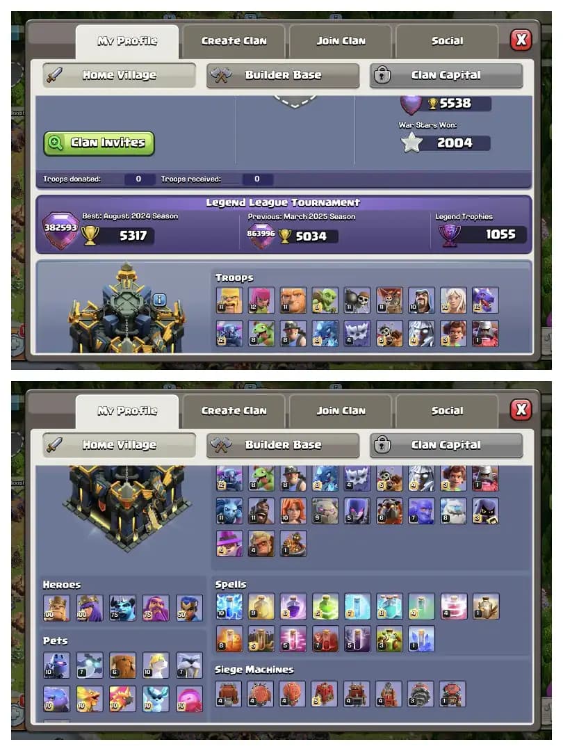 HEROS 100-100-75-75-50 🔥 TH 17 MAX ACCOUNT ✔️ HIGH EPIC EQUIPMENT 🔥 MAX DEF ✔️ HIGH LAB+WALL ⚡ EVERY SIDE HIGH 🔥 BEST OFFER