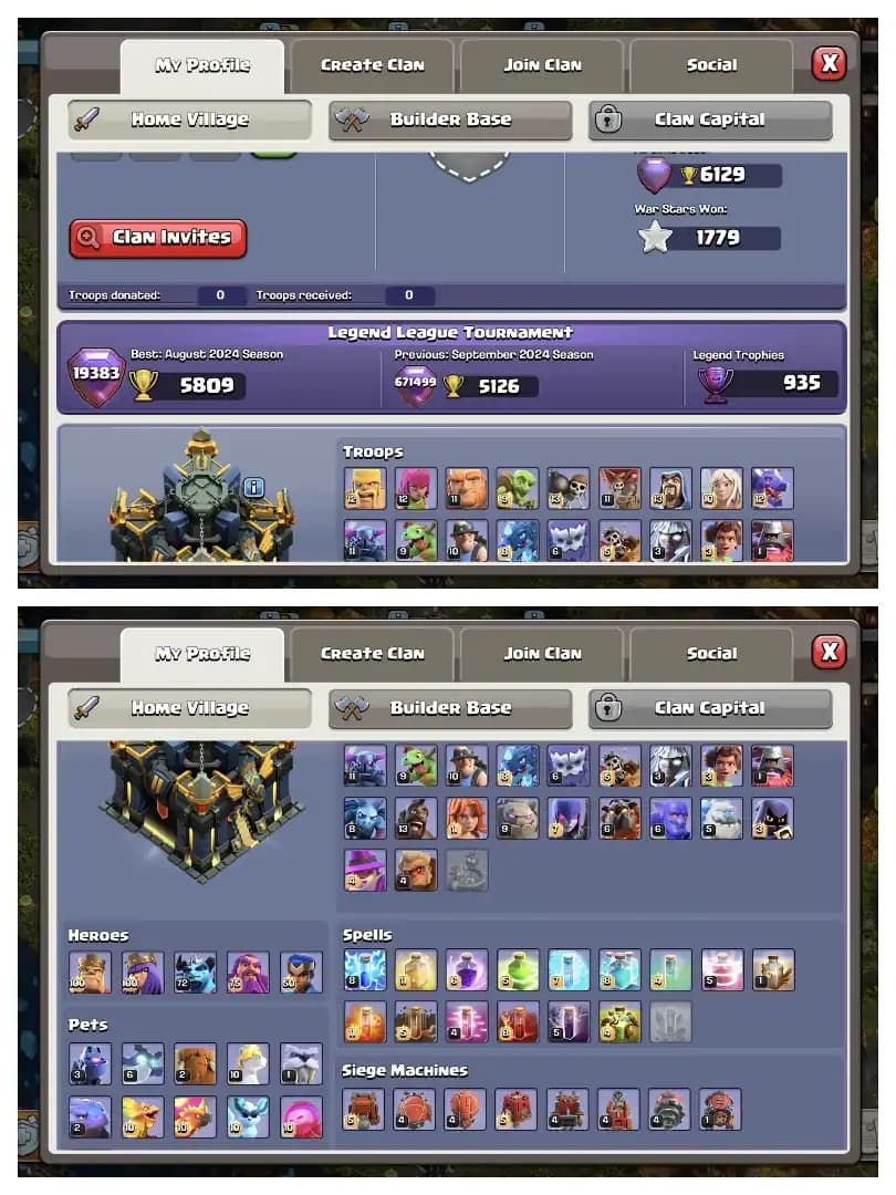 HEROS 100-100-72-75-50 🔥 TH 17 MAX ACCOUNT 🔥 HIGH EPIC EQUIPMENT ✔️ SCENERY AVAILABLE ⚡ HERO SKIN ✔️ ALL SIDE HIGH LEVEL 🔥 PERFECT DEAL