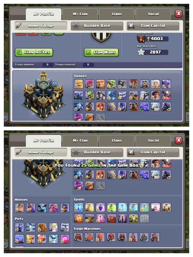 26.3K GEMS 👈 TH 17 MAX ACCOUNT ⚡ 4 HEROS MAX 🚀 HEROS 100-100-74-75-50 🔥 B.B FULL MAX ✔️ HUGE COLLECTION 👈 EVERY SIDE PERFECT 👌 BEST OFFER