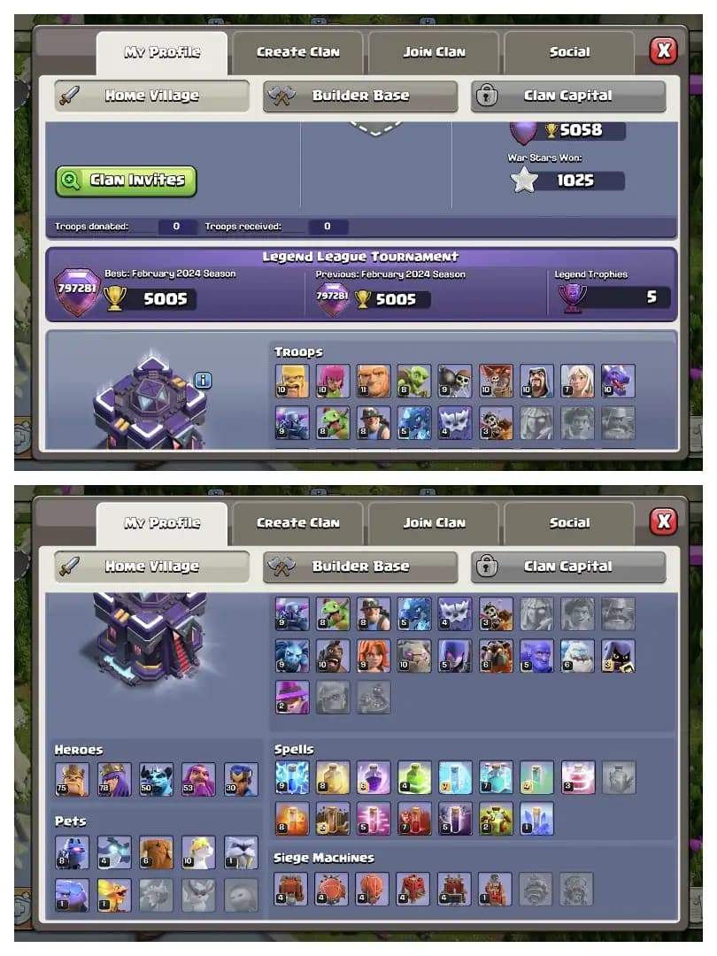 Purple Wall ⚡ Th 15 High Account ✔️ Good Epic Equipment 😱 6 Builder ⚡ Heros 75-78-50-53-30 🔥 Every Side Super Quality ✔️ Best Offer