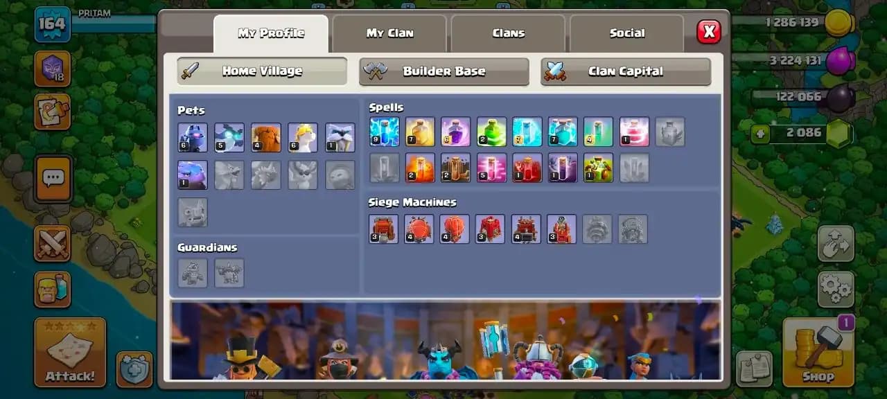 Th 16 , 6 Epic Equipments , 7 Hero's Skin , NC - 500 ,619 CWL Medals , Magic items