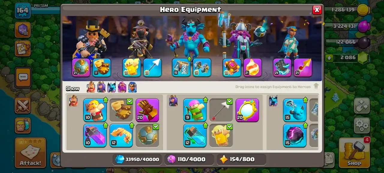 Th 16 , 6 Epic Equipments , 7 Hero's Skin , NC - 500 ,619 CWL Medals , Magic items