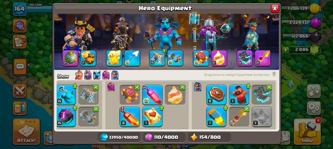 Th 16 , 6 Epic Equipments , 7 Hero's Skin , NC - 500 ,619 CWL Medals , Magic items