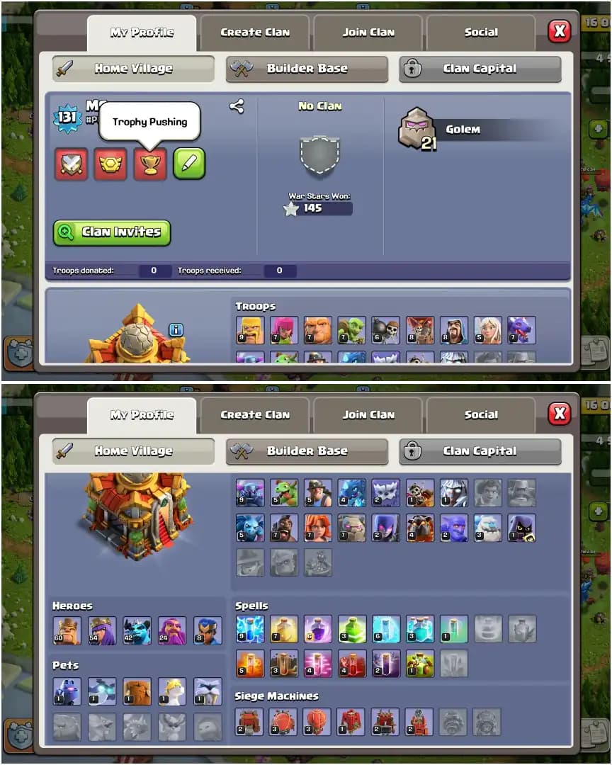ALL SIEGE ➤TH16 MAX DONATION ➤5X PETS ➤NC YES ➤HEROES: 60-54-40-24-8 ➤2000 GEMS ➤XP-131 ➤BUYER MAIL ➤GG-17|MM|FA|FB ➤GOOD TROOPS