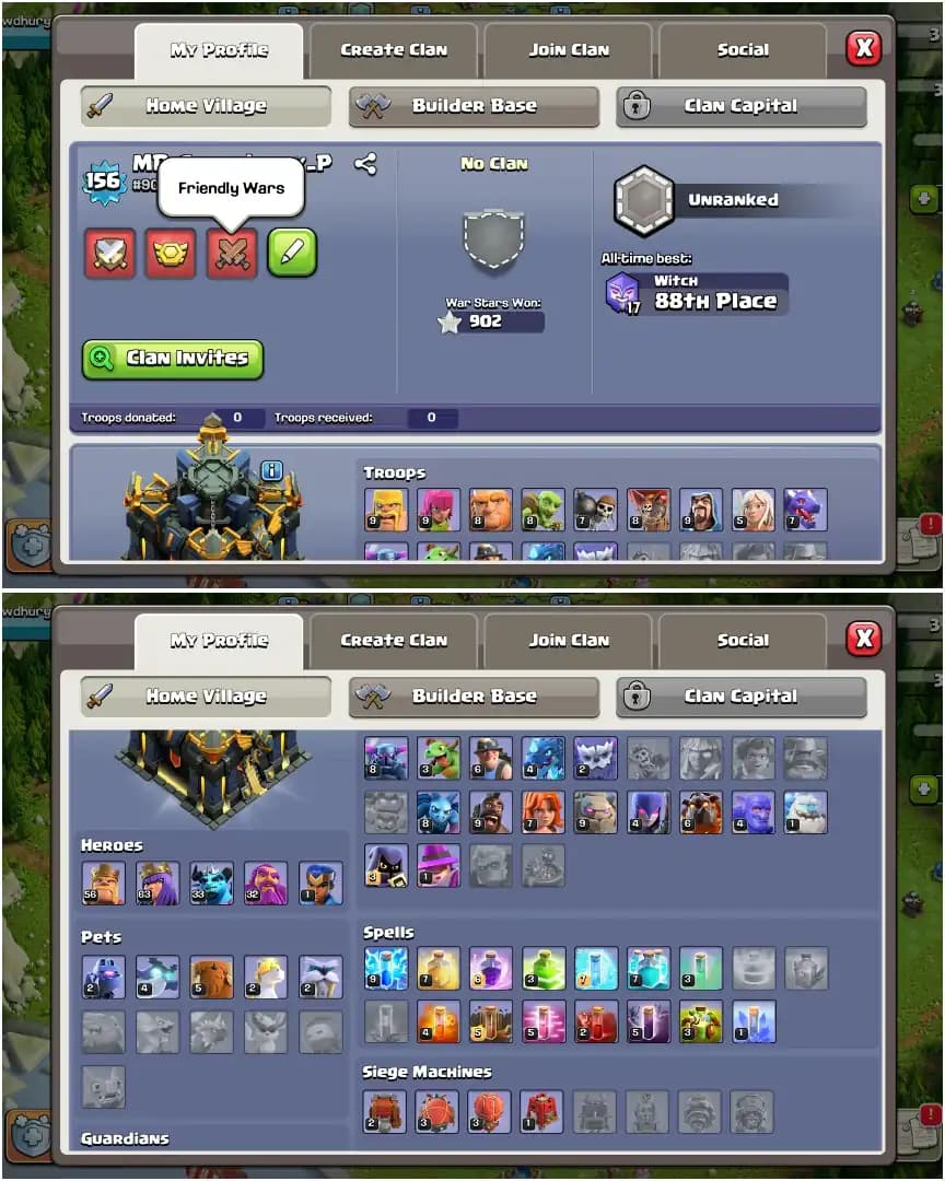 TH17 GREAT DONATION ➤902 WS ➤XP-156 ➤6X PETS ➤HEROES: 56-63-33-32 ➤STRONG DFC ➤GOOD TROOPS ➤EMAIL CHANGE AVAILABLE