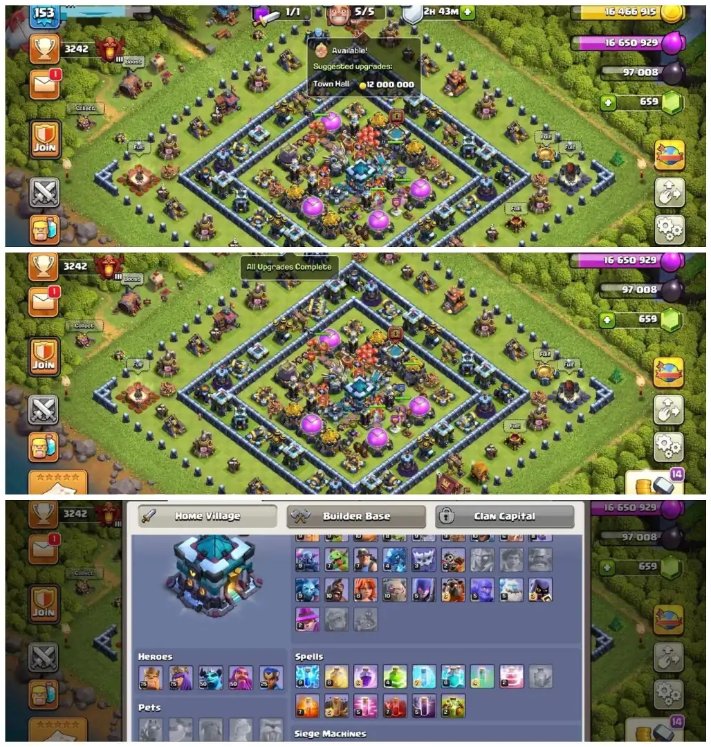 TH13 100% Max | Hero 75-75-50-25 | Max Defs Full |Wall 100% Max | Equipment All Epic Max | XP 153 | Name Change Available | Buyer Mail - Global