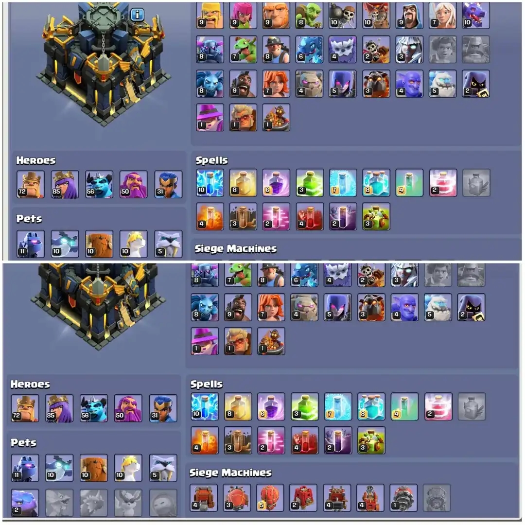 Th17 Super Account➤➤Heros:72-85-56-50-31➤➤7 Epic Equipment➤➤4 Epic Almost Max➤➤6th Builders➤➤1200 Gems➤➤Exp:209 - Global