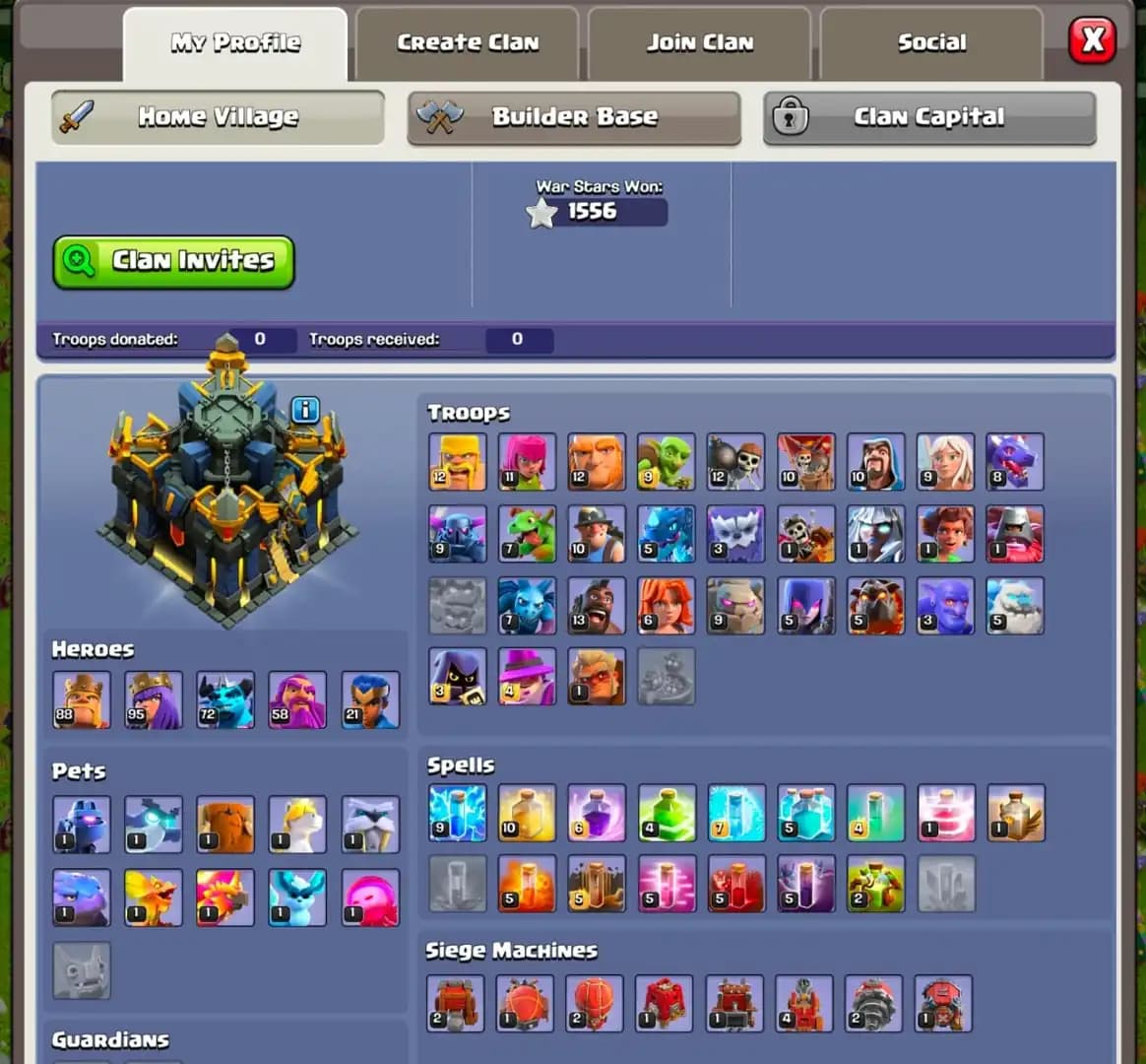 RARE ACC ➤LOCAL: UNITED KINGDOM/GB ➤GG+SB+FA MAX ➤TH16 NEAR MAX ➤HEROES: 88-90-71-58-20 ➤NC YES ➤XP-195 ➤ALL PETS ➤OP TROOPS | FULL ACCESS