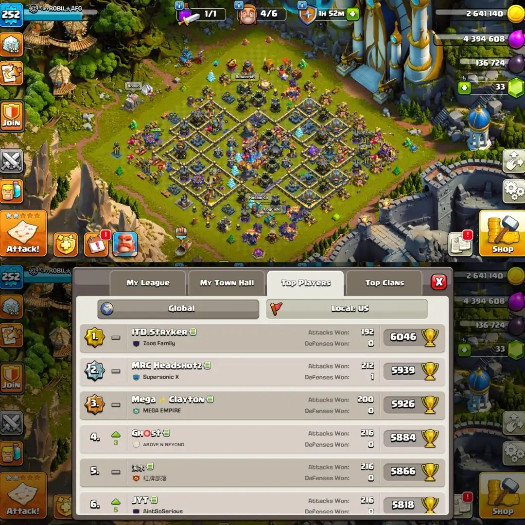 US Local Th18 Near Max➜War Arena Scenery➜10 Epic Max➜5X Scenery➜15X Skins➜League Skin➜Hero:102-103-91-78-53➜3273WS➜Full Access - Global