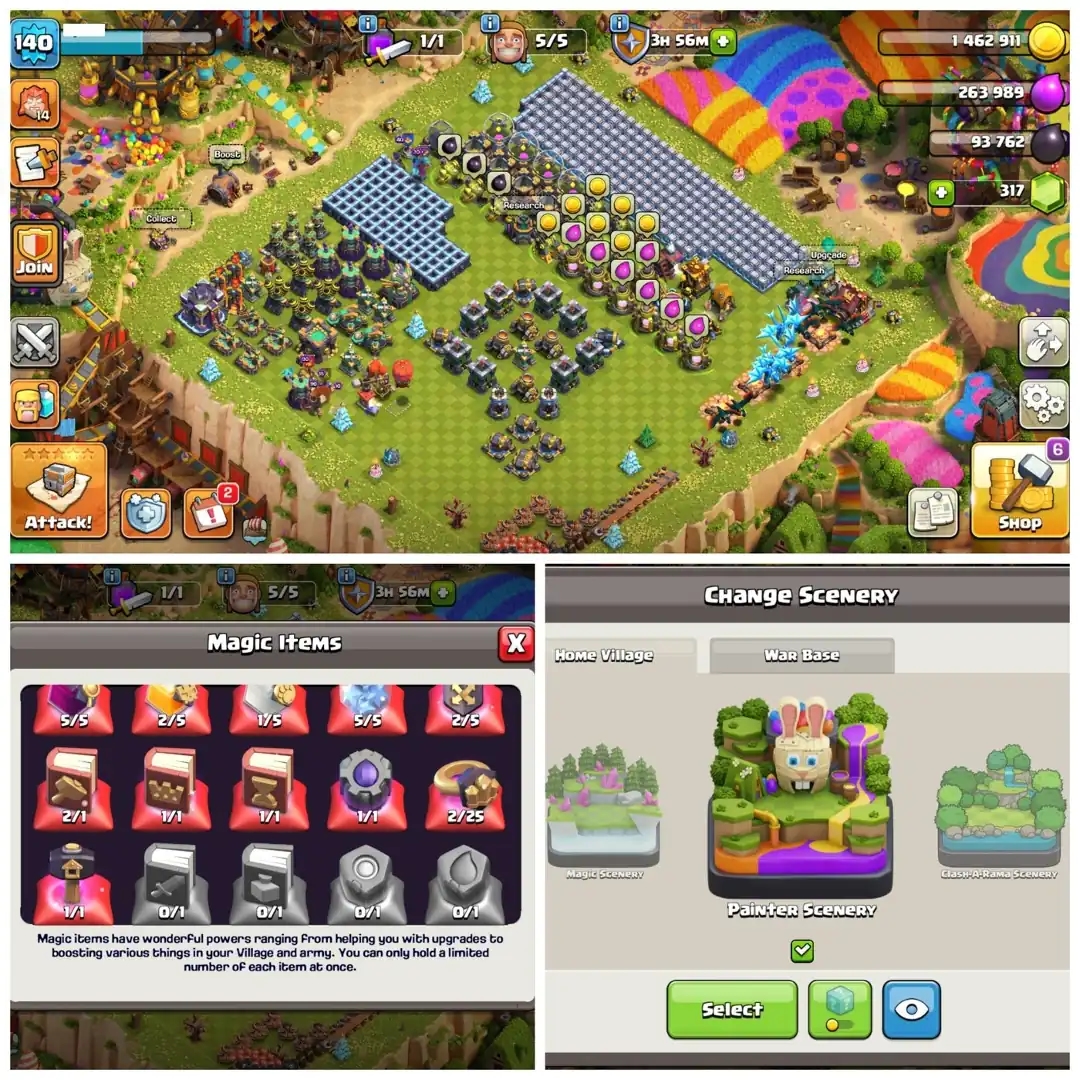 TH15 Painter Scenary : XP 140 | 6 Epic Equipments : 500+ Starry Ores | High lvl Heroes , 600+ CWL Medals & Fully Loaded Magic Items | Android/iOS - Global