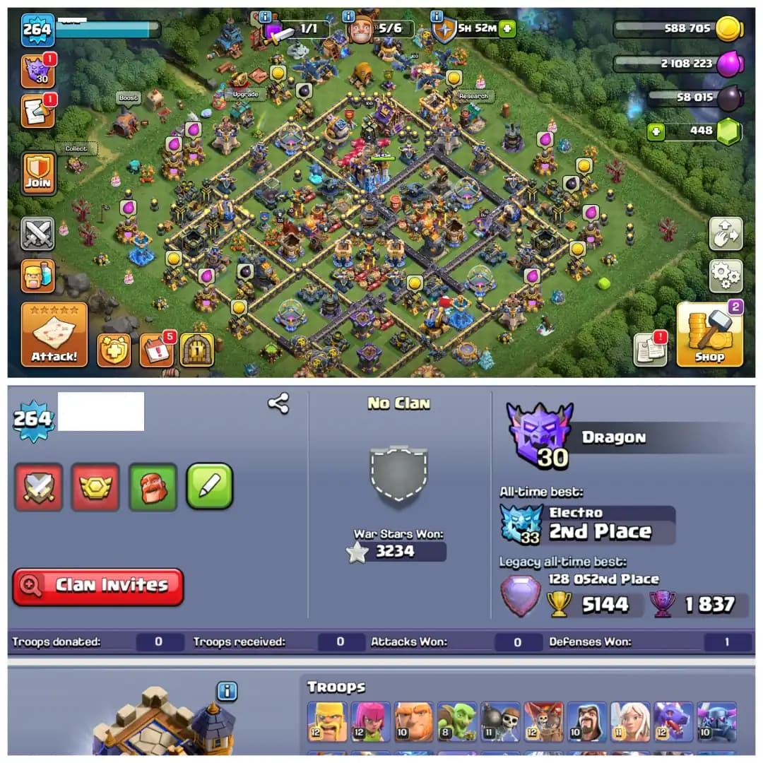 TH18 Premium Max π XP 264 π Mostly Max Account π 19 Hero Skins π Fully Stacked π All 15 Epic Equipments π 5 Epics Max π Instant Delivery