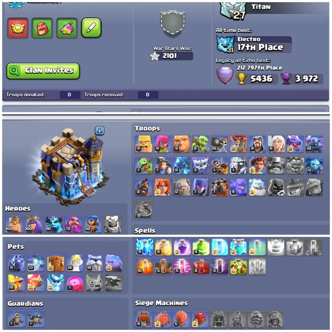 TH18 Almost Max π XP 241 π 7 Epic Equipments π 2 Epics Max π BK100 AQ100 MP86 GW78 RC50 π Name Changeable π 9 Skins π Instant Delivery