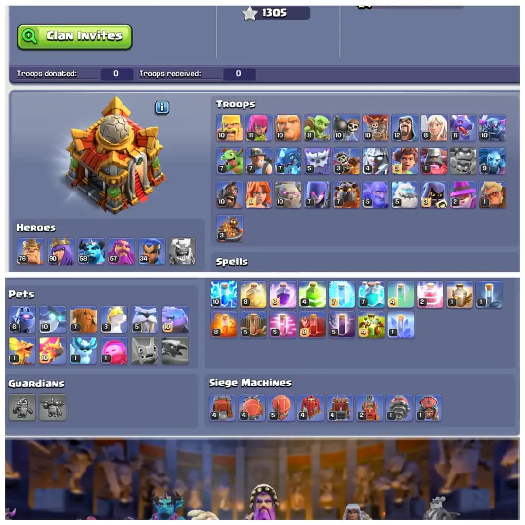 TH16 Near Max π₯ XP 218 π₯ 9 Epic Equipments π₯ Heroes BK76 AQ90 MP58 GW57 RC34 π₯ Painter Scenery π₯ 10 Hero Skins π₯