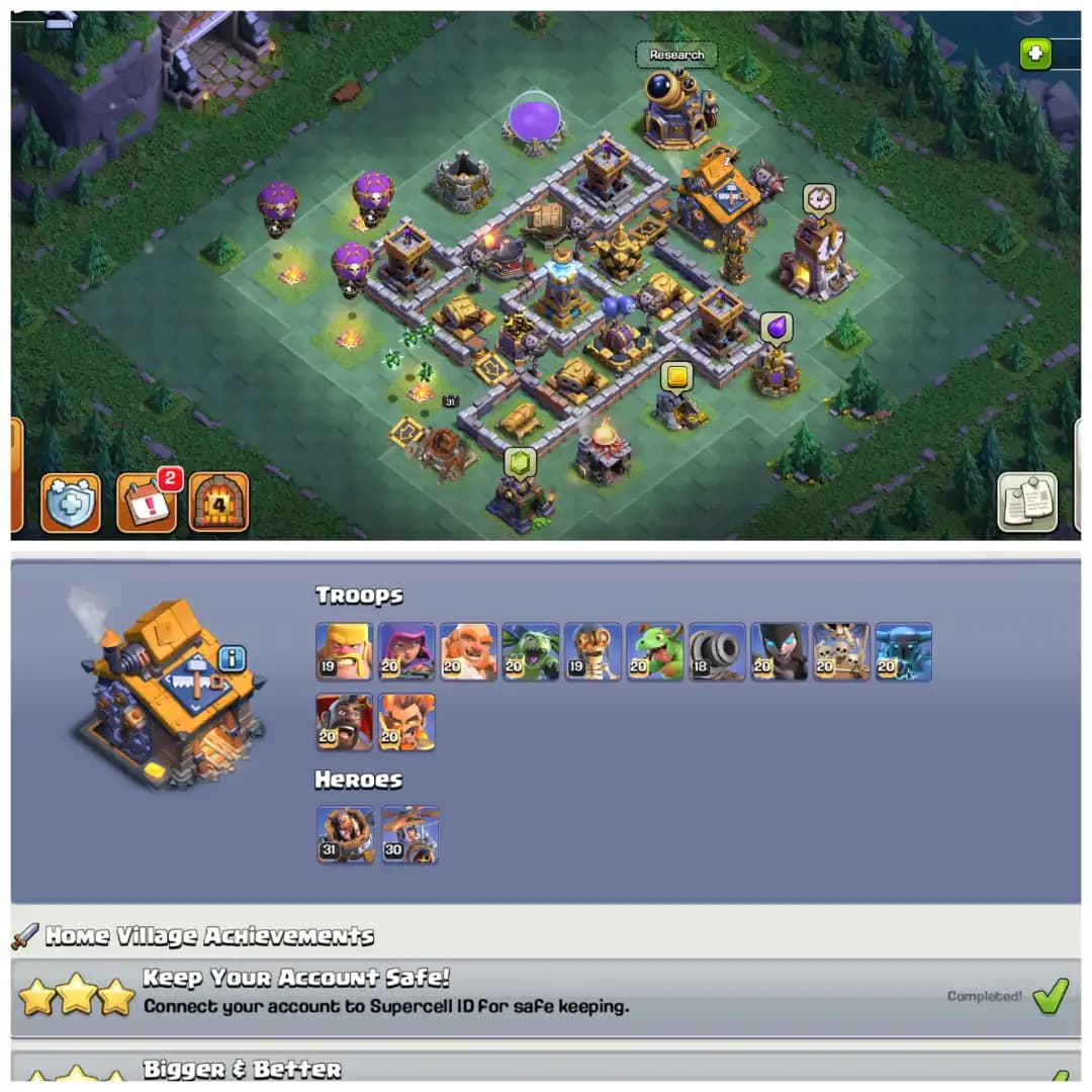 TH16 Near Max π₯ XP 218 π₯ 9 Epic Equipments π₯ Heroes BK76 AQ90 MP58 GW57 RC34 π₯ Painter Scenery π₯ 10 Hero Skins π₯