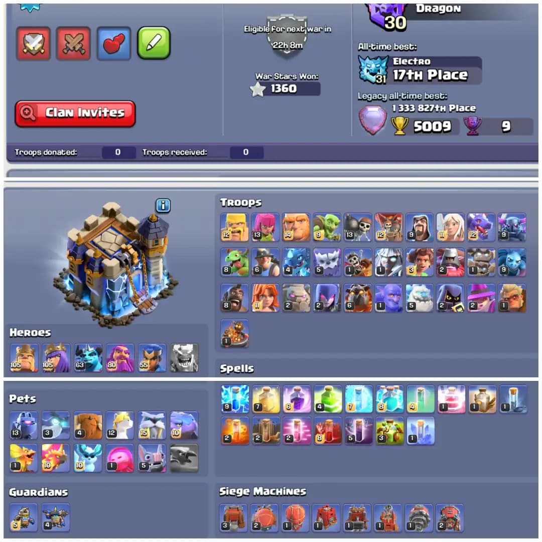TH18 Rare Max Beauty π» 30500 Gems π» 9 Epic Equipments π» 5 Epics Max π» Rare High Seas Scenery π» Fully Stacked Items π» 1400 Plus CWL Medals π»