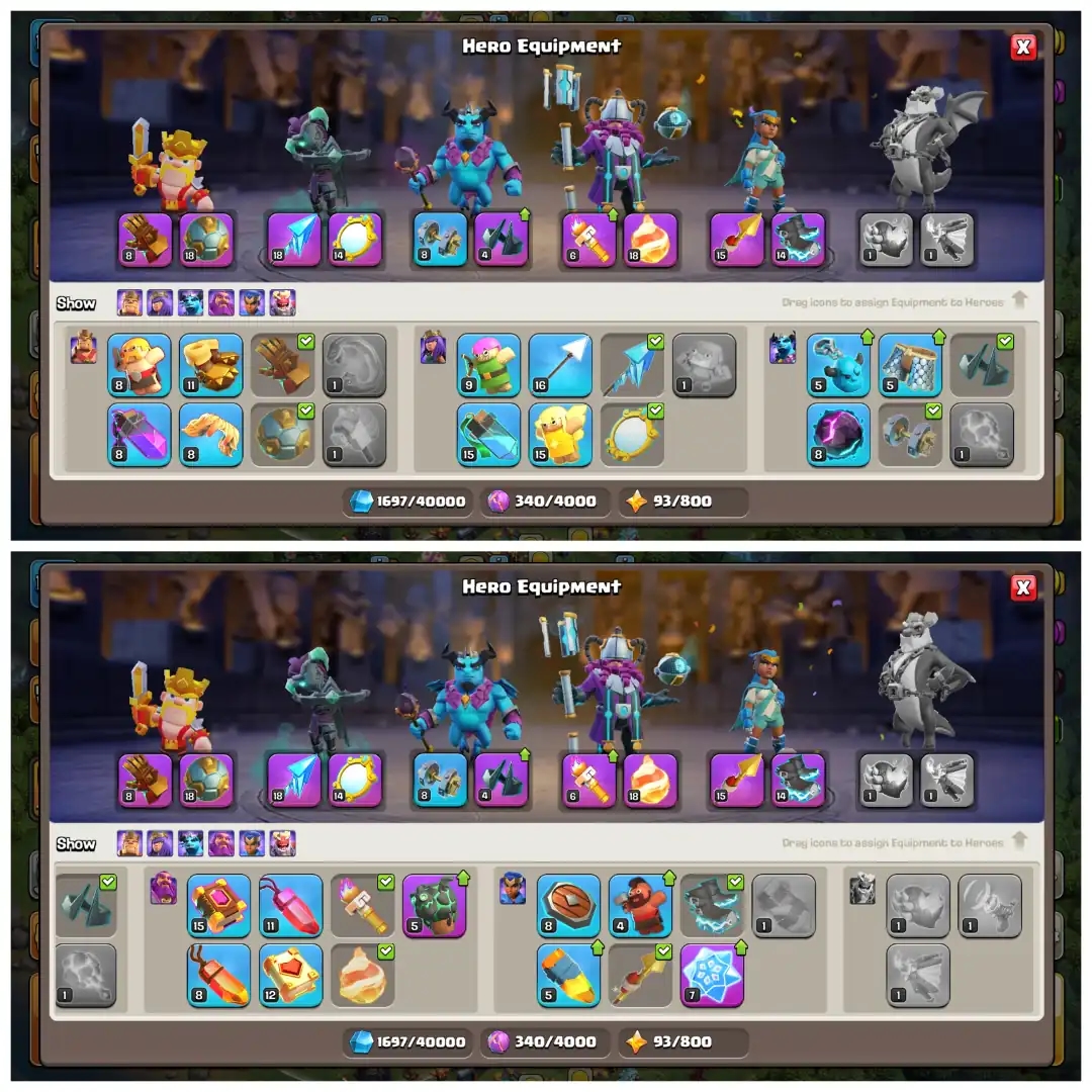 TH17 Almost Max 🌼 Except Walls 🌼 10 Epic Equipments 🌼 Heroes BK75 AQ80 MP51 GW55 RC30 🌼 Name Changeable 🌼 8 Hero Skins 🌼 - Global