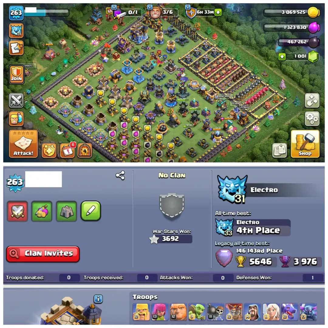 TH18 Mostly Maxed π XP 263 π 14 Epic Equipments π 25 Equipments Max π 3600 Plus War Stars π 13 Hero Skins π Full Max Builder Hall 7K Rank π