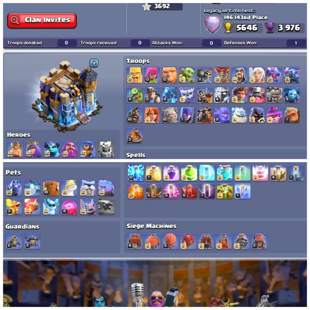TH18 Mostly Maxed π XP 263 π 14 Epic Equipments π 25 Equipments Max π 3600 Plus War Stars π 13 Hero Skins π Full Max Builder Hall 7K Rank π