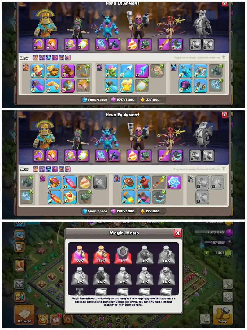 TH18 Mostly Maxed π XP 263 π 14 Epic Equipments π 25 Equipments Max π 3600 Plus War Stars π 13 Hero Skins π Full Max Builder Hall 7K Rank π