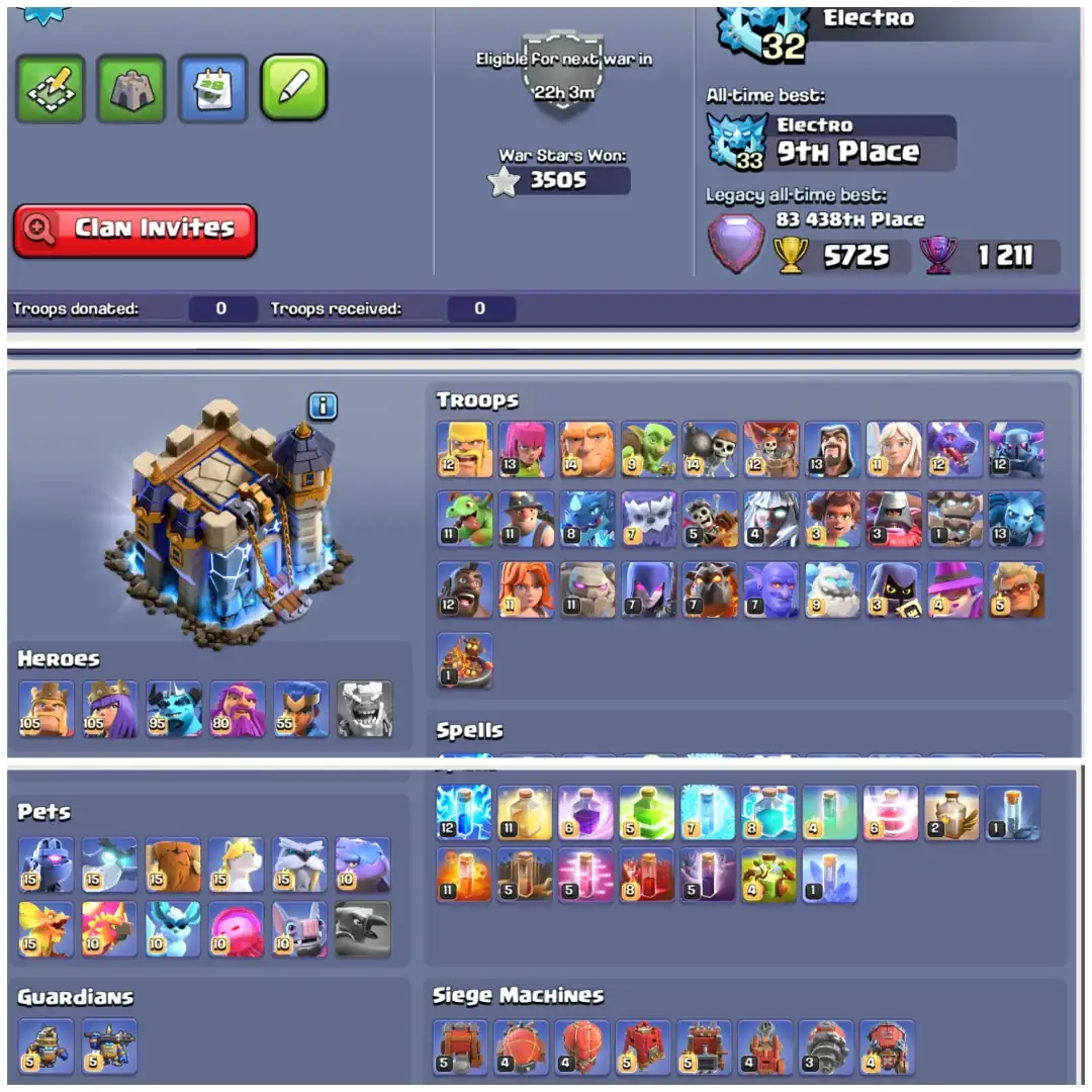TH18 Rare Max Beast 🍀 28800 Gems 🍀 XP 279 🍀 Full Stacked Clash Trees 🍀 10 Epic Equipments 🍀 25 Total Max 🍀 2000 Plus CWL Medals 🍀 - Global