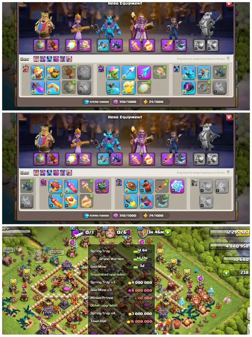 π TH16 99% MAXED π XP 199 π 12 EPIC EQUIPMENTS π BK 86 AQ 95 MP 57 GW 61 RC 45 π MAX WALLS AND DEFENSES π
